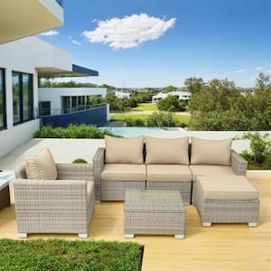 6-Piece Gray White Wicker Outdoor Sectional Sofa Set with Light Gray Cushion