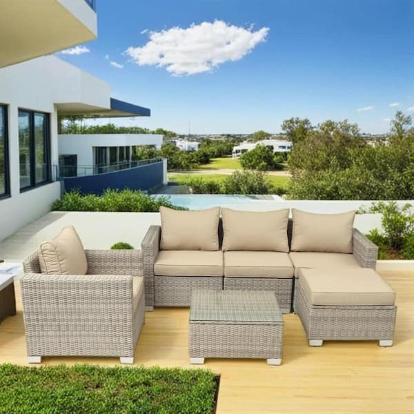 Unbranded 6-Piece Gray White Wicker Outdoor Sectional Sofa Set with Light Gray Cushion