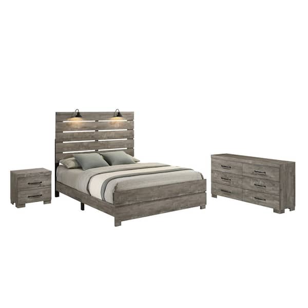 Nico 3-Piece Antique Grey Color Wood Frame Full Size Panel Bedroom Set