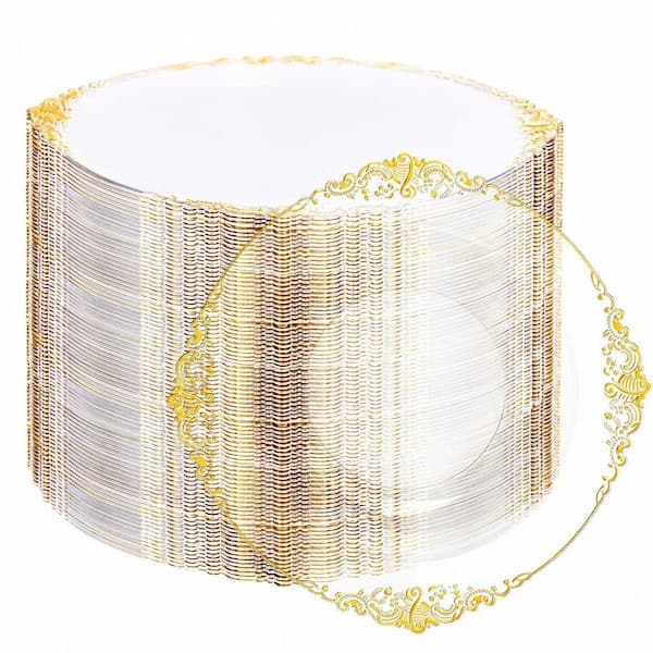 100-Pack Clear Plastic Bowls with Gold Rim 12 oz Heavy Duty Disposable Salad and Soup Bowls 100PCS Fancy