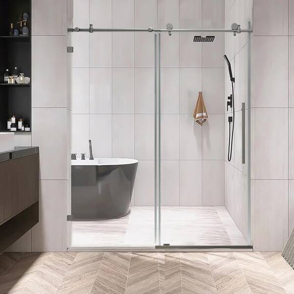 Satico 60 in. W x 74 in. H Single Sliding Frameless Shower Door in Brushed Nickel with Clear Glass