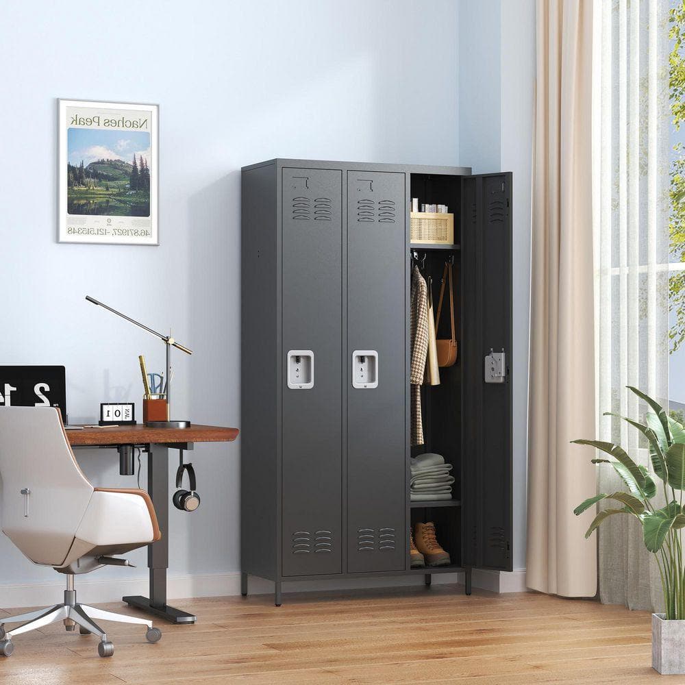 Black 72 in. H Metal Office Storage Cabinet, Steel Locker with 3 Doors