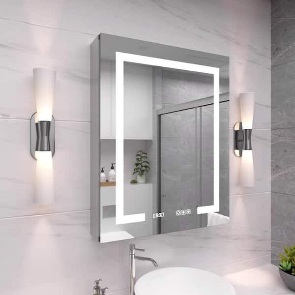 24 in. W x 30 in. H Rectangular Lighted Medicine Cabinet with Mirror Led, Recessed/Surface Wall Mount, Right Open