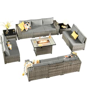 Crater Grey 13-Piece Wicker Wide-Plus Arm Outdoor Fire Pit Patio Conversation Sofa Set with Dark Grey Cushions