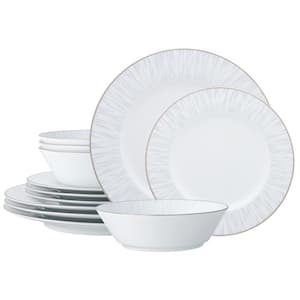 Glacier Platinum (White) Porcelain 12-Piece Dinnerware Set, Service For 4