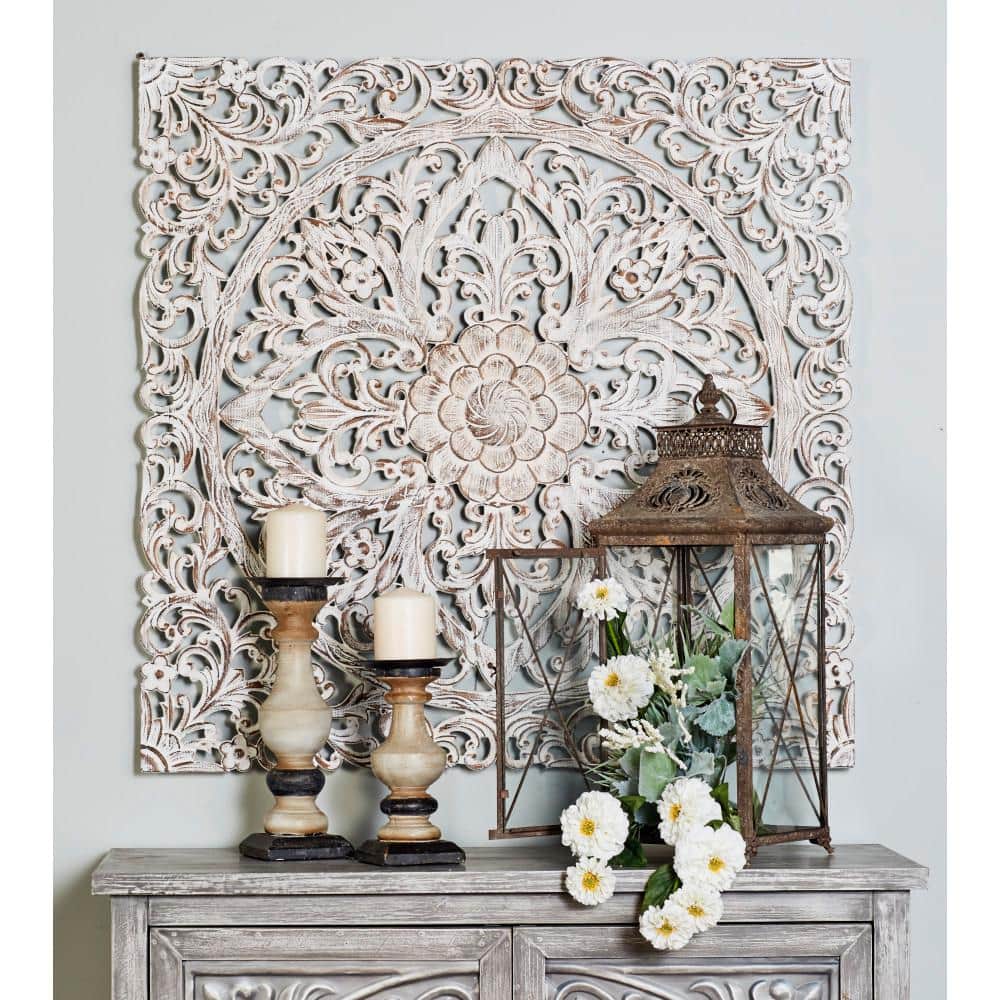 Brown and White Carved Floral Mandala Wood Wall Decor