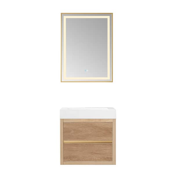 ROSWELL Palencia 24 in. W x 20 in. D x 24 in. H Single Sink Bath Vanity in N.American Oak W/White Composite Stone Top and Mirror