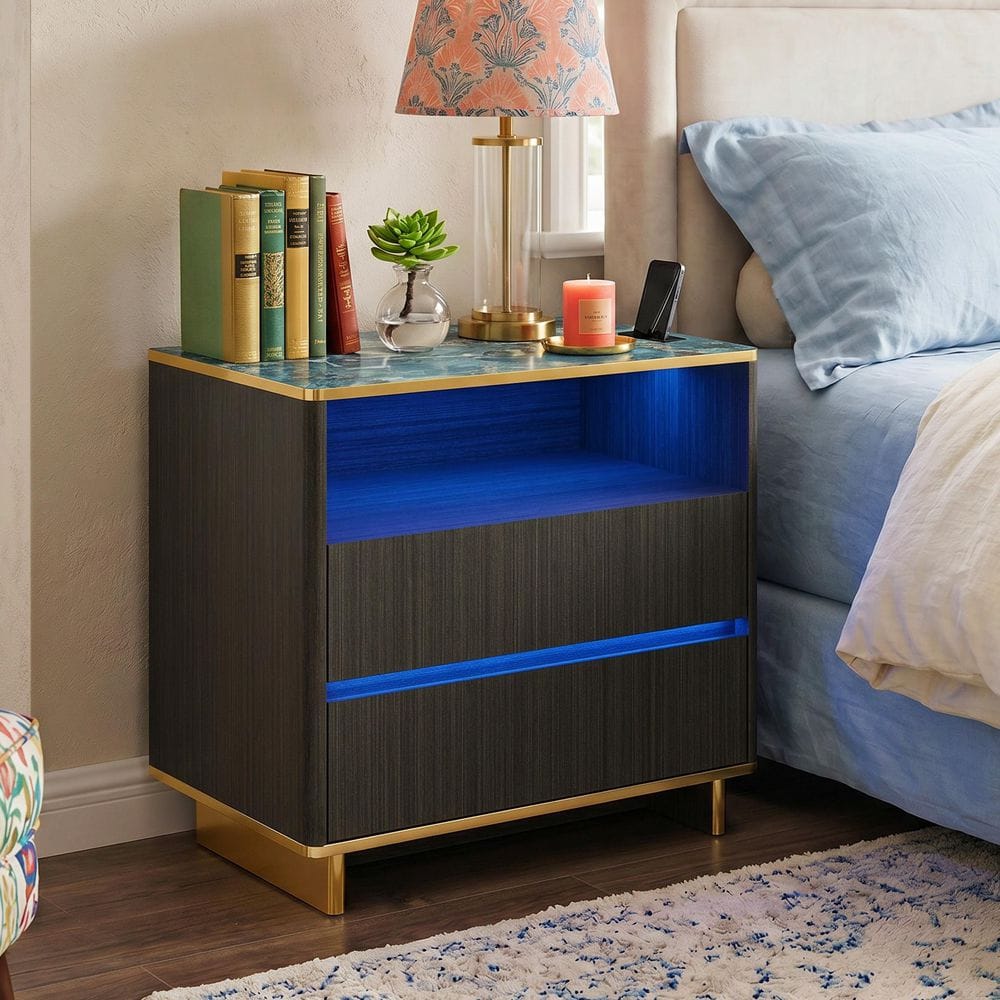 FUFU&GAGA Dark Gray Wood Grain 2-Drawer 31.5 in. W Rectangle Side