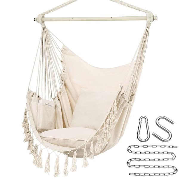 3 ft. Beige Hammock Chair Hanging Rope Swing, 500 lb. Capacity, 2 Cushions Included, Macrame Hanging Chair with Pocket
