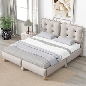 Beige Wood Frame Queen Linen Upholstered Platform Bed with Button-Tufted Biscuit-Shape Headboard, Additional Legs