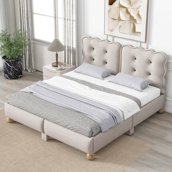 Harper & Bright Designs Beige Wood Frame Queen Linen Upholstered ...