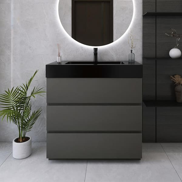 36 in. W x 18 in. D x 37 in. H Single Sink Freestanding Bath Vanity in Grey with Black Quartz Sand Top