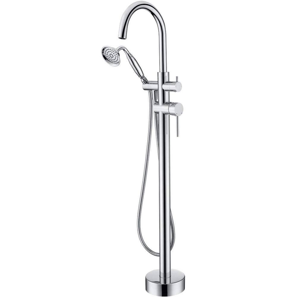Double-Handles Freestanding Floor-Mount Tub Filler Bathtub Faucet with Hand