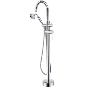 Double-Handles Freestanding Floor-Mount Tub Filler Bathtub Faucet with Hand Held Shower in Chrome