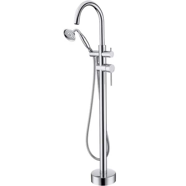 Unbranded Double-Handles Freestanding Floor-Mount Tub Filler Bathtub Faucet with Hand Held Shower in Chrome