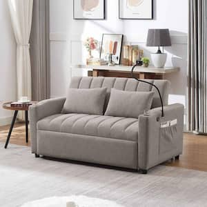 55.9 in. Square Arm Polyester Rectangle Sofa with Three USB Ports in. LIGHT GREY