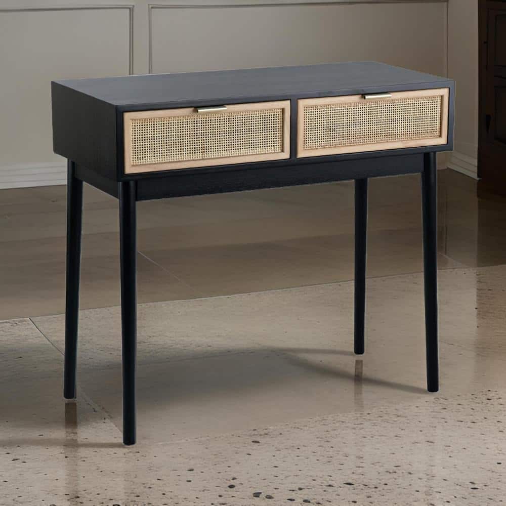 Ela 35 Inch Black Wood Console Table with Rattan Drawers