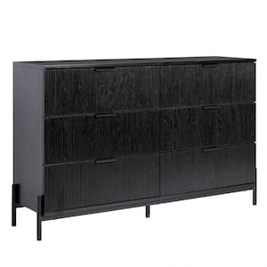 Mid-Century Modern Black 6-Drawer 56 in. W Dresser with Reeded Front