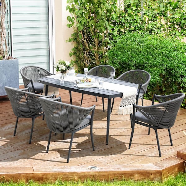 Nuu Garden 7-Piece Aluminum Outdoor Patio Dining Set with Grey Cushion