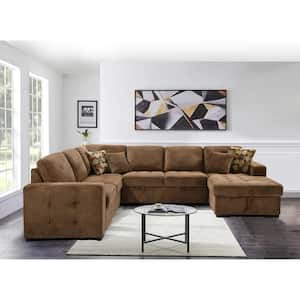 123.62 in. U Shaped Polyester Sectional Sofa in Brown with Pull-out bed, Storage Chaise and 4 Throw Pillows