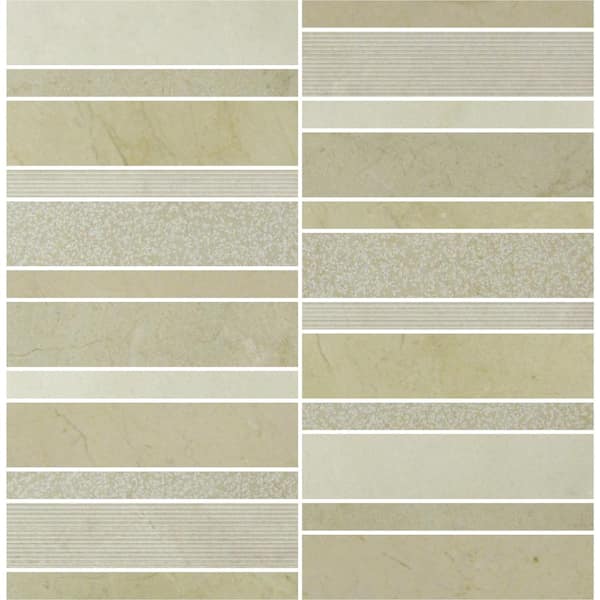Lungarno Marble Medley Crema Marfil Random Stacked 12 in. x 12 in. x 7.9 mm Mixed Finish Marble Mesh-Mounted Mosaic Tile