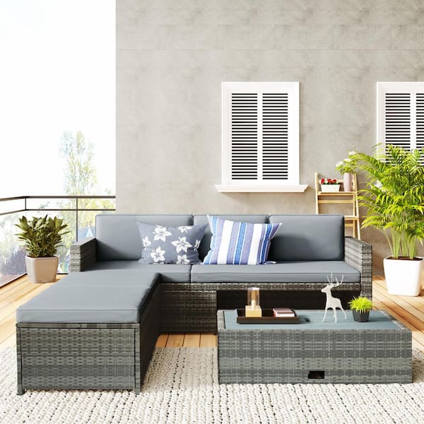 HOTEBIKE 4-Piece Gray Wicker Outdoor Patio Rattan Furniture Sectional Conversation Set with Beige Cushion and Retractable Table