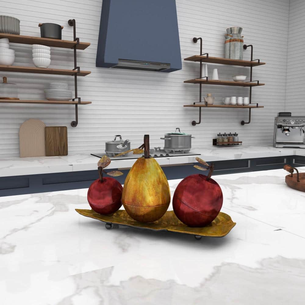 Glossy Red Apple and Yellow Pear Metal Sculpture on Leaf Tray