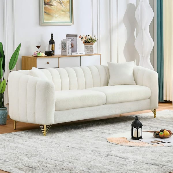 Dorcas 83.5 in. W Rectangle Flared Arm Chenille Luxury Modern 3-Seater Sofa with Gold Metal Legs in White