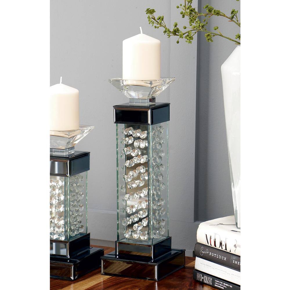 Elegant Silver Glass Candlestick with Floating Crystals 15"