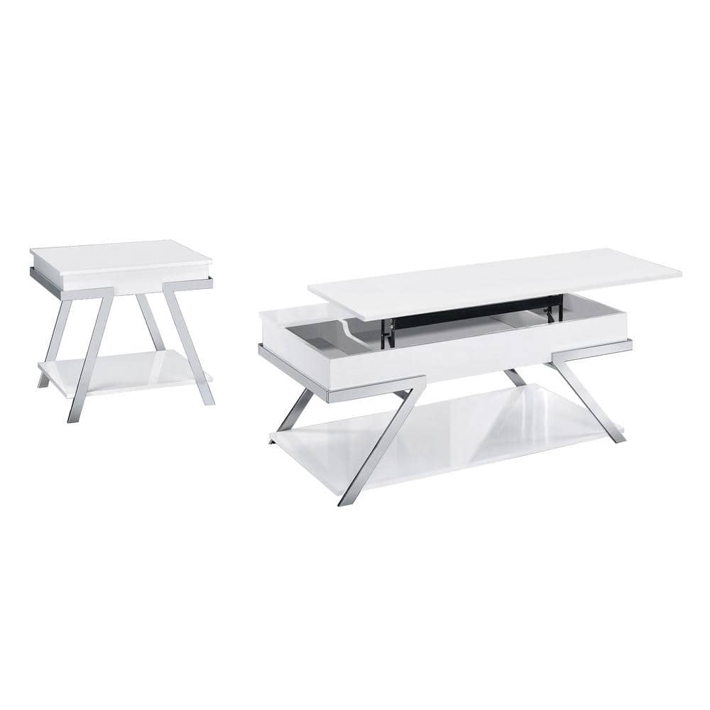 Gales 2-Piece 47.5 in. White and Chrome Rectangle Wood Coffee Table Set -  Furniture of America, IDF-4193WH-2PC