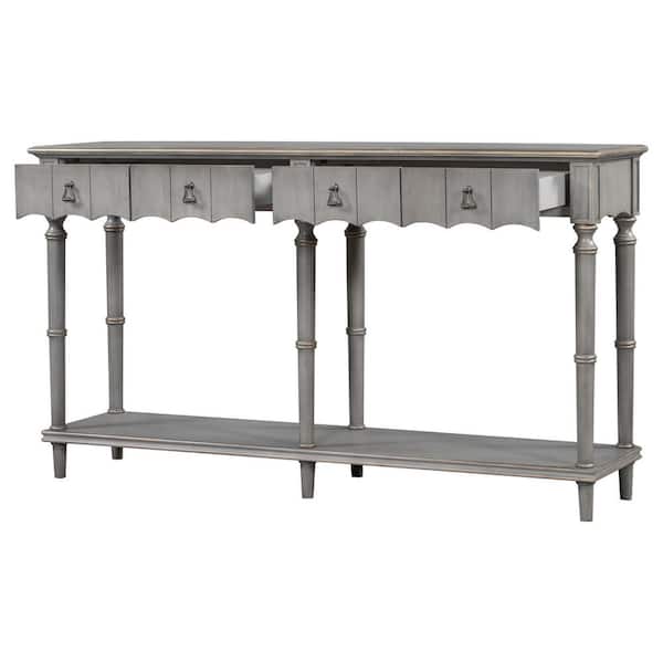 ANBAZAR 63 in. L Gray Rectangle Accent Console Table with Cabinet and 4-Drawers and Bottom Shelf Distressed Wood Condole Table