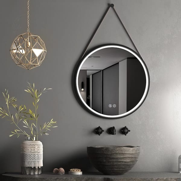 Aoibox 32 in. W x 32 in. H Round Metal Framed Wall Mounted Anti-Fog Bathroom Vanity Mirror with LED Lights and PU Belt in Black