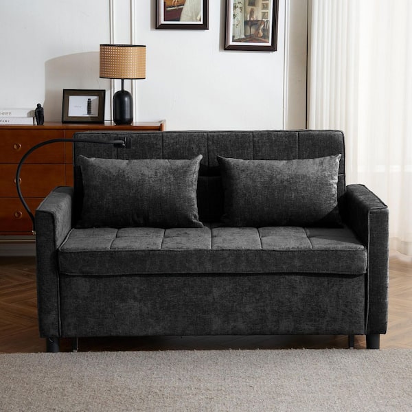 56.9 in. Black Twin Size Sofa Bed with a Reversible Backrest Cushion, Side Pockets, 2-USB Ports and a Phone Holder