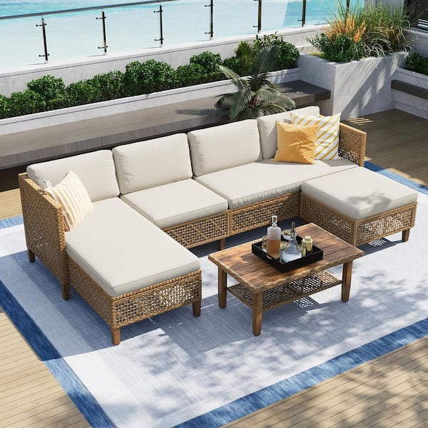 Brown 5-Piece Wood Outdoor Wicker Patio Conversation Sectional Seating Set with Beige Cushions