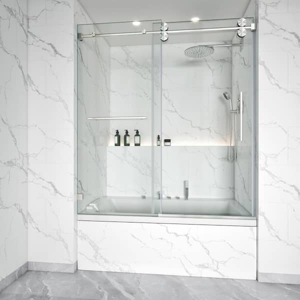MOHALEN 56-60.5 in. W x 60 in. H Single Sliding Frameless Tub Door in Brushed Nickel with 3/8 in. Clear Tempered Glass