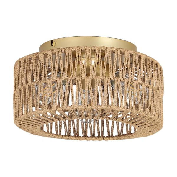 11.8 in. 3-Light Brown Boho Rattan Flush Mount Ceiling Light Fixture with Hand-Woven Rattan Shade