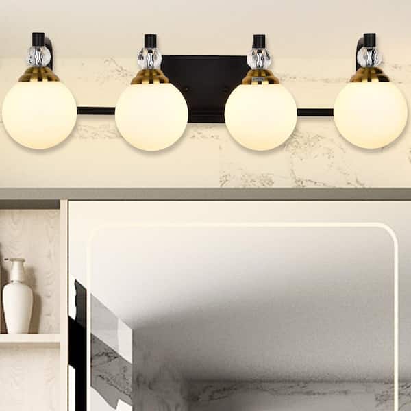 25.2 in. 4-Light Black and Gold Vanity Light with Globe White Frosted Glass Shade