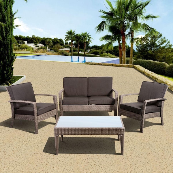 Atlantic Contemporary Lifestyle Florida Deluxe 4-Piece All-Weather Wicker Patio Conversation Set with Gray Cushion