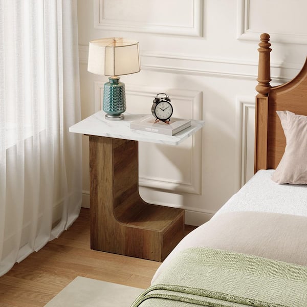 TRIBESIGNS WAY TO ORIGIN Andrea 23.62. in. White Brown Rectangle Wood End Table Set of 2, Sofa Side Table with Faux Marble Finish