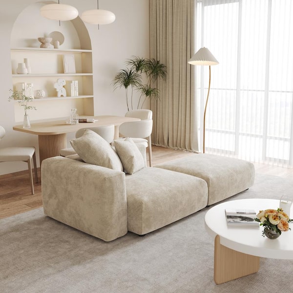 J&E Home Beige Corduroy Velvet Modular Free Combination Armchair Sofa with Ottoman