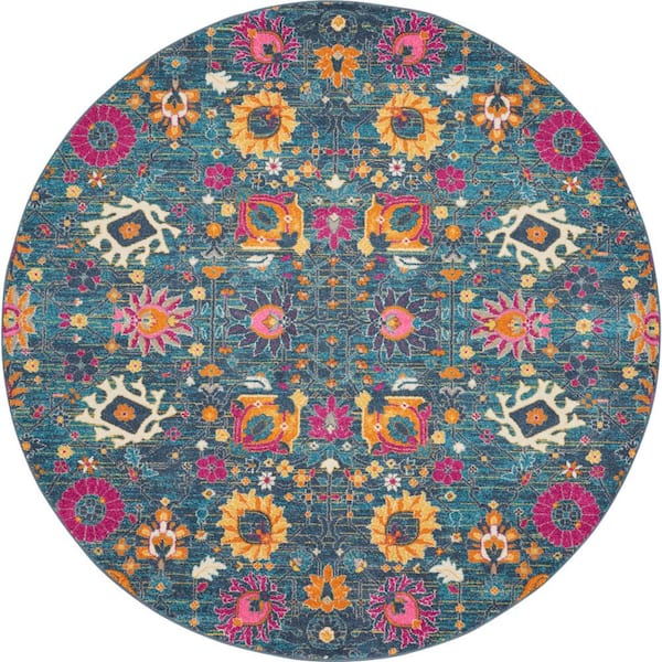 Nourison Passion Denim 8 ft. x 8 ft. Floral Transitional Round Rug