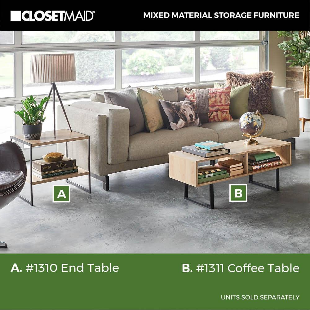 Natural Wood and Black Metal Square Side Table with Storage Shelf