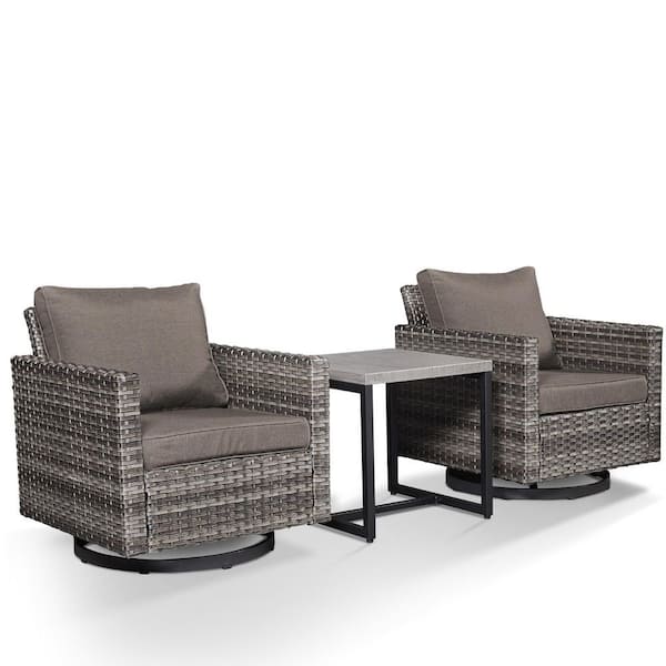 Gymojoy Carlos 3-Piece All-Weather Gray Wicker Patio Conversation Set with Swivel Chairs and Gray Cushions
