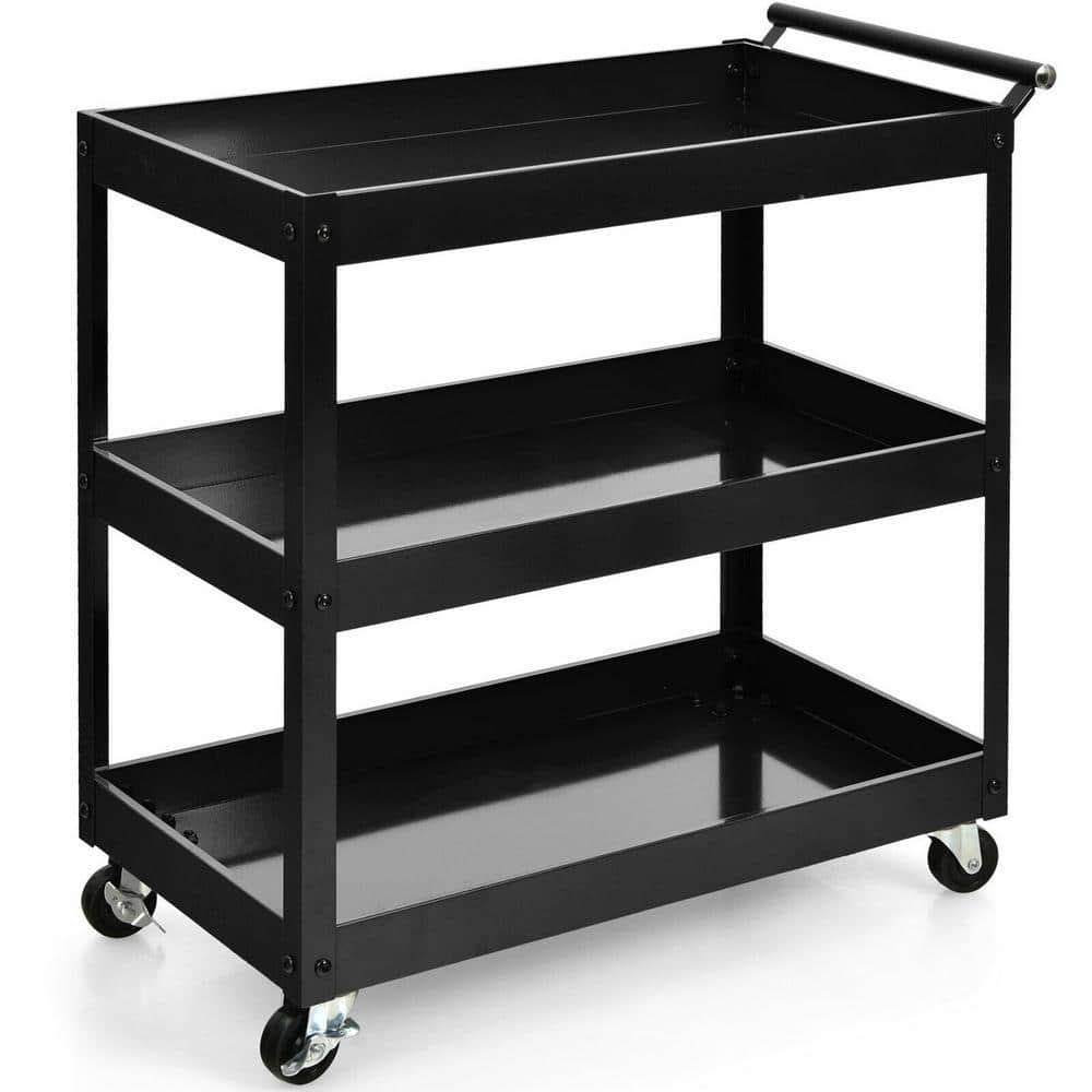 3-Tier Black Rolling Utility Kitchen Cart on Wheels with Steel Frame and Four Wheels