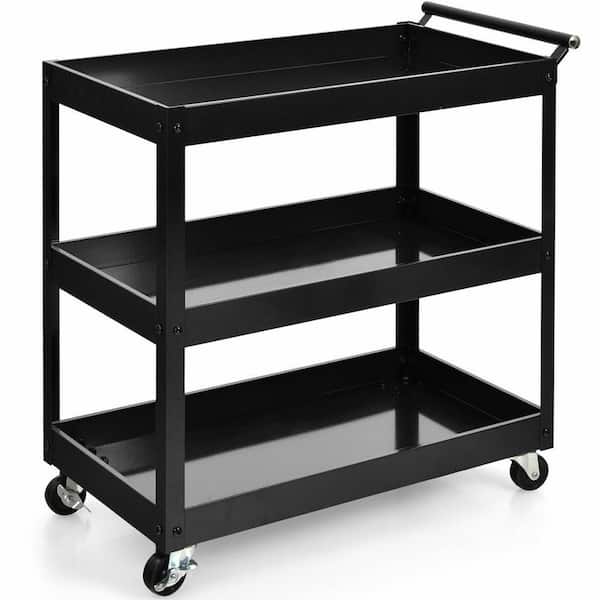 3-Tier Black Rolling Utility Kitchen Cart on Wheels with Steel Frame and Four Wheels