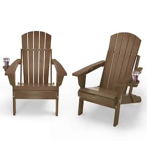 Teak HDPE Outdoor Folding Plastic Adirondack Chair with Cupholder(2-Pack)