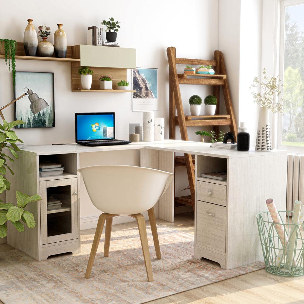 Helmer 59 in. L-Shaped White Oak 2 Drawer Computer Desk with File Storage