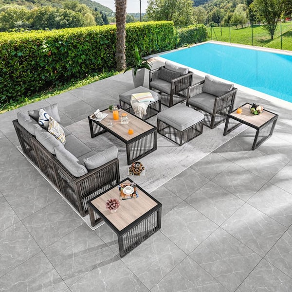 Patio Festival 10-Piece Wicker Patio Conversation Deep Seating Set with Gray Cushions