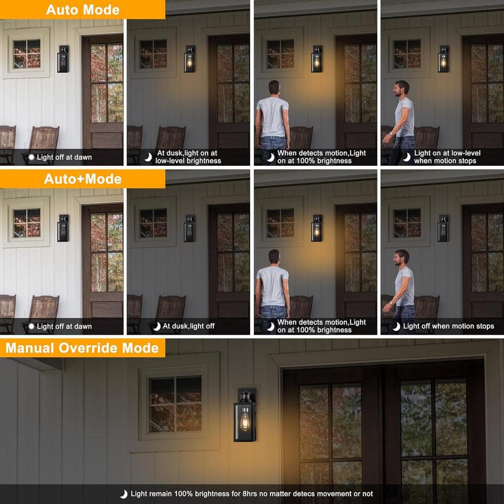 Matte Black Motion Sensor Outdoor Wall Lantern Set