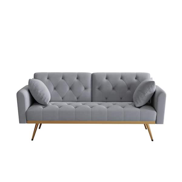 Z-joyee 68.3 in.Gray Velvet Twin Size Sofa Bed with Two Pillows